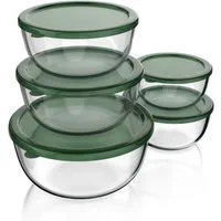 Arendo Salatschüssel 5x Glasschüsseln + Deckel 1L, 1,5L, 2L, 2,7L & 4,4L, Glas Rührschüssel, Glas, (5er Set, 5-tlg), Glasschale, BPA-frei, Spülmaschinen und Mikrowellen geeignet