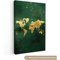 OneMillionCanvasses® Leinwandbild Weltkarte - Grün - Gold, Fotodruck (1 St), Leinwand Canvas Wandbild, Wanddekoration 20x30 cm