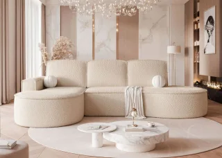 Ecksofa Schlafsofa Sofa ARLET in Stoff Abriamo Hellbeige Ottomane Links