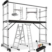 tectake Teleskopleiter Aluminium Multigerüst 4 in 1, Belastbarkeit 150 kg (Baugerüst, in silber), mit 2 praktischen Rollen, stabil, rutschfest