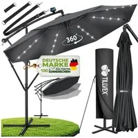 tillvex Sonnenschirm tillvex® Sonnenschirm LED Solar Ø 3m Ampelschirm Balkon Gartenschirm, Alu Ampelschirm + Abdeckung LED Solar Ø 350 cm mit Kurbel, Abdeckung + Ständer, Gartenschirm UV-Schutz Aluminium, Kurbelschirm Marktschirm wasserdicht 360° dre