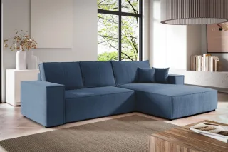 Ecksofa Schlafsofa LEVIO Stoff ARAGON Dunkelblau Ottomane Rechts