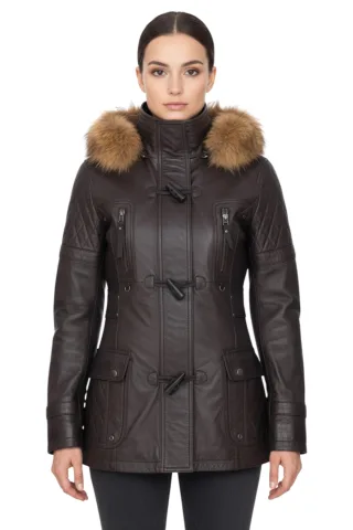 Damen-Parka mit Steppung und Pelzkapuze aus braunem Lammleder – Duchess