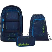 Satch Schulranzen Schulrucksack-Set PACK Blue Tech 3-teilig (3-teilig), ergonomisch, Your-Size-System: auf Körpergröße anpassbar