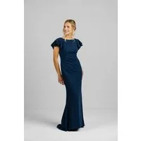ANNIS WIESBADEN EST. 2021 Abendkleid Abendkleid „Celeste“ dunkelblau Meerjungfrau-Linie rückenfrei Volantärmel, mit Schleppe