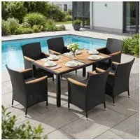 STEELSØN Garten-Essgruppe Fawaris wetterfest, Polyrattan Sitzgruppe mit Akazienholz, (Schwarz, 1 Tisch & 6 Gartenstühle), Gartentisch verfügbar mit 4 oder 6 Stühlen