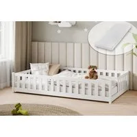 Kids Collective Kinderbett Bodenbett mit Rausfallschutz & Lattenrost Montessori Betten Kinder (Verfügbare Größen: 80 x 160, 80 x 180, 90 x 190, 90 x 200, 120 x 200, 140 x 200 cm), Jugendbett Einzelbett Kiefer mit Matratze Weiß 120x200 cm