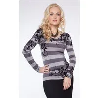 Passioni Strickpullover mit grauen Streifen und schwarzem Blumenmuster