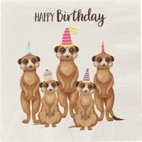 Macosa Home Papierserviette Servietten Set 40 Stk. Happy Birthday Erdmännchen Beige Braun, (Partyservietten, Papierservietten Einweg-Servietten), Papier Tischdeko Geburtstag Cocktailservietten