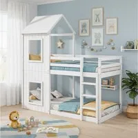 Flieks Etagenbett, Hochbett mit Treppe Hausbett Kinderbett 200x90cm Kiefer