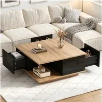 STILVORA Couchtisch Beistelltisch mit Stauraum Wohnzimmertisch mit 3 Schubladen (Quadratischer Couchtisch mit 3 Schubladen, 70×70×31,5 cm, Hochglanz, Spanplatte, halboffenes Fach, schwarze Holzoptik), Für Wohnzimmer, Sofaecke, kleine Räume und Lesebe