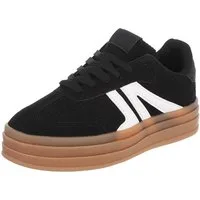 Ital-Design Damen Plateau Sneaker mit Schnürung und Strukturmix Sneaker (91849593) Flach Sneakers Low in Schwarz