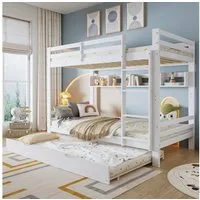 Flieks Etagenbett, Kinderbett Dreierbett 90x200cm mit Ausziehbett 90x190cm und 2M Regal