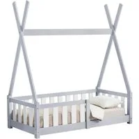 en.casa Kinderbett, »Helsingborg« mit Rausfallschutz Kiefernholz 70x140 cm Hellgrau