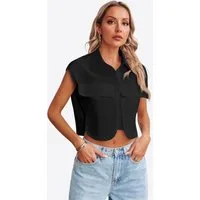 Imily Bela Blusenshirt Damen Ärmellose Cropped mit Brusttaschen und Kragen Casual (Packung, 1-tlg., 1per-Pack) aus Baumwolle in Unifarbe
