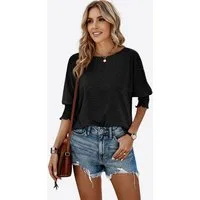 Imily Bela T-Shirt Damen Locker mit 3/4-Ärmeln und gerafften Bündchen (Packung, 1-tlg., 1per-Pack) mit Rundhalsausschnitt in Unifarbe