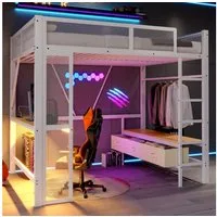 Merax Hochbett 140x200cm mit LED-Beleuchtung und USB (1-St., Etagenbett Jugendbett Einzelbett) Metallbett mit Schreibtisch, offenem Kleiderschrank und 3 Schubladen