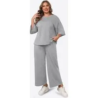 Imily Bela Hausanzug Damen Schlafanzug 2-teiliger in Übergröße (Set, 2 tlg., 3/4-Arm Bluse + Weite Hose) in Unifarbe