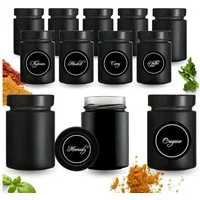 mikken Gewürzbehälter 12 Gewürzgläser 190 ml schwarz mit Deckel und 24 Gewürzetiketten, (12er Set)