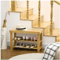 HOMCOM Schuhbank mit 2 Ablagen und Sitzfläche (Schuhregal aus Bambus, 1-St., Sitzbank), für Flur, Eingangsbereich, 70 x 28 x 45 cm, Naturholz