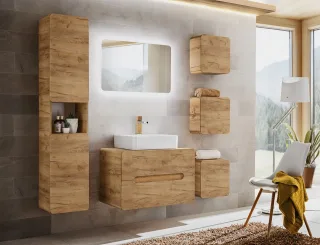 Badmöbel Set 7-tlg Badezimmerset FERMO 80cm Gold Eiche inkl.Waschtisch