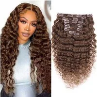 LuxusKollektion Echthaar-Extension Extensions Clip Echthaar Curly 50cm 20 INCH Dunkel Braun-Deep