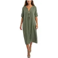 dy_mode Hemdblusenkleid Damen Leinenkleid Midi Hemdblusenkleid mit V-Ausschnitt Freizeitkleid in Unifarbe, V-Ausschnitt, mit seitlichen Eingriffstaschen