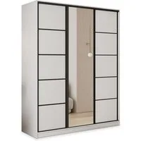 Masseno Schwebetürenschrank PINA 150 cm Kleiderschrank mit Spiegel 3 Türen und 4 Schubladen Weiß