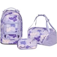 Satch Schulranzen Schulrucksack-Set PACK Lilac Blossom 3-teilig (3-teilig), ergonomisch, Your-Size-System: auf Körpergröße anpassbar