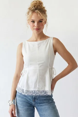 Ärmellose Popeline Bluse mit Krawattenfront