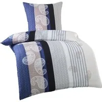 KH-Haushaltshandel Bettwäsche 2-tlg. Seersucker Bettwäsche 135x200 +80x80cm, Paisley, Seersucker, 2 teilig, blau grau weiß, Paisley mit Streifen, bügelfrei