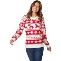 dressforfun Weihnachtspullover Festtagspullover, Winterlicher Strickpullover in Weiß und Rot (Nikolauspullover, Konfektionsgröße S in rot) Für viele Outfits und Anlässe, Warm, weich und angenehm zu tragen