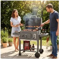 TLGREEN Holzkohlegrill XXL Holzkohlegrill Grillwagen mit Deckel, 3-Zonen Multifunktionaler Smoker Grill, Höhenverstellbare Kohleschale,Thermometer & 4 Lüftungsschlitze, Mit 2 klappbaren Ablagen, Rädern und Aschekasten
