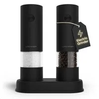LARS NYSØM Gewürzmühle Kryd praktische Einhandbedienung per Drucktaste, (2 Stück), elektrische Salz- & Pfeffermühle mit Ständer