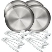 Black Snake Geschirr-Set Camping Set Edelstahl mit Teller und Lunch-Besteck (8-tlg), 4 Personen, Edelstahl, Edelstahl Campinggeschirr mit Lunch-Besteck und Etui