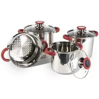 Kampa Dometic Topf-Set Space Saver Deluxe Cook Set, Edelstahl (3 Töpfe, 3 Deckel, 1 Sieb), stapelbar, hitzebeständige Griffe