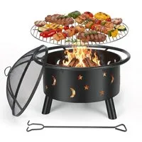 oyajia Feuerschale 73,5cm BBQ Feuerkorb Garten mit Grillrost, (2-in-1 Feuerschale Outdoor aus Stahl, Inkl. Funkenschutz & Zubehör), Tragbar für Camping, Terrasse, Gartenparty & Lagerfeuer