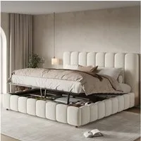 OKWISH Polsterbett 180x200 cm mit Bettkasten, Bouclé Weiß (Packung, 1-tlg., mit hydraulischem Stauraum, großes Stauraum-Kopfteil), Funktionsbett mit Lattenrost & gepolstertem Kopfteil(ohne Matratze)