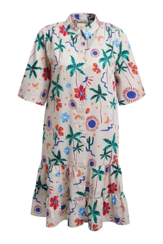 Smith&Soul - Short Collar Dress Volant Hem beige print - Gr. - S
