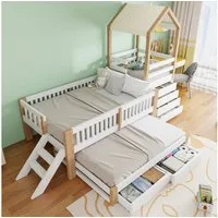 Flieks Kinderbett, Massivholzbett 90x200cm mit Ausziehbett 90x190cm, Schrank, Schubladen