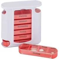relaxdays Pillendose 7 Tage 4 Fäch, Weiß-Rot