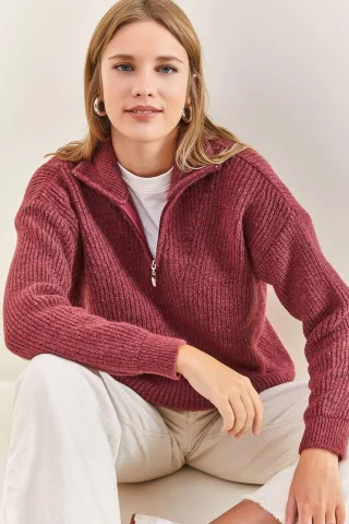 Übergroßer strukturiertes Strickpullover mit Reißverschluss-Kragen