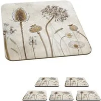 MuchoWow Glasuntersetzer Blumen - Aquarell - Stilleben - Braun - Vintage, Zubehör für Gläser, 6-tlg., Tassenuntersetzer Kork, Quadrat, Untersetzer Set Gläser, 10x10 cm