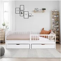 Homestyle4u Kinderbett 90x200 2 Bettkästen Weiß Natur Grün Rausfallschutz Gitterbett Stauraum (Komplett-Set mit Lattenrost, Matratze mit OEKO-TEX® Standard 100), Weiß, Bettkasten/Schublade, Kiefer