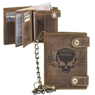 Kettenbörse Leder Skull-Prägung antikbraun | Greenburry Vintage Biker Portemonnaie mit Karabinerkette. Sicherer Organizer für Motorradfahrer.