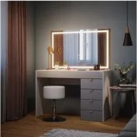 Vicco Schminktisch Elise, Weiß/Grau, 115 cm mit LED Spiegel und Hocker (3-St)