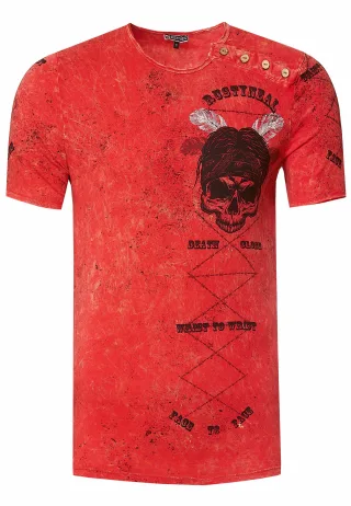 Gewaschenes T-Shirt mit Rundhalsausschnitt, Knopfleiste und Druckmotiven