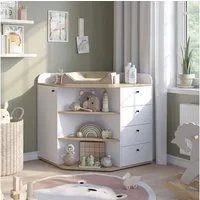 Vicco Wickelkommode Aria, Weiß/Artisan/Artisan-Eiche, 85 x 90 cm mit Regalen und 4 Sch...