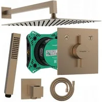 Hansgrohe und Bofler Duscharmatur DuoTurn E Unterputz Armatur mit Umsteller für 2 Verbraucher + IBOX 2 (Unterputz Duschsystem, Duschanlage, Duschset, inkl. BOFLER Brauseset #80, Regendusche 30x30cm, Wandarm) Wassersparende Regendusche, PVD brushed br