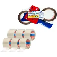 tesa Klebeband tesapack® handroller set – incl. 2 rollen extra sterke verpakkingstape (Packung, 8-St., 1 Abroller + 2x Extra Strong braun & 6x PP-Packband transparent 66 m) Afroller blauw/rood & stil plakband transparant – netjes verpakken